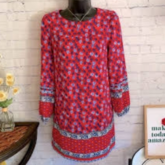Loft petite red with border trim long sleeve shift dress - Picture 1 of 7